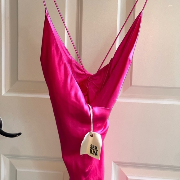 NEW SER.O.YA LEAH SILK Spandex DRESS Fuchsia Purple {$350} Blend Halter Cross XS - Picture 6 of 13